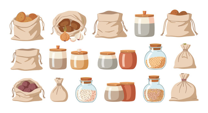 A collection of various textile fabric sacks and clear glass storage jars filled with dry food ingredients are displayed in a clean grid arrangement on a white background.