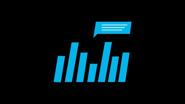 A bar chart with a speech bubble icon with lines of text above it, representing market analysis, statistical data reporting, and business metrics. 2D animation 4K resolution with alpha channel.