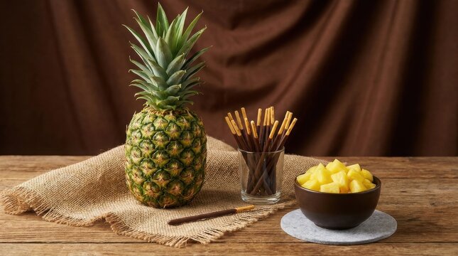 m Fresh whole pineapple on burlap, bowl of diced pineapple chunks and chocolate biscuit sticks on rustic wooden table, tropical snack still life