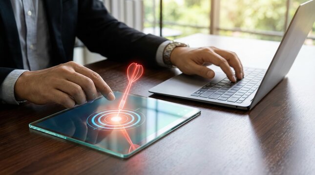 Businessman using digital tablet with virtual dart hitting target for business strategy and marketing success concept.