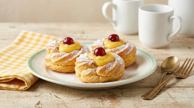 Traditional Zeppole di San Giuseppe pastries with custard and cherries, Italian cream puffs on a plate, rustic bakery dessert still life
