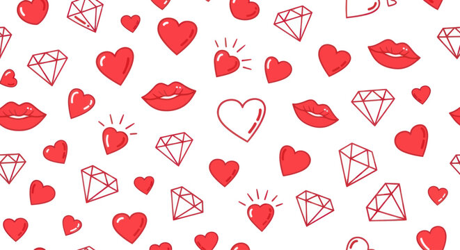 Seamless pattern of red hearts, lips, and diamonds on white background