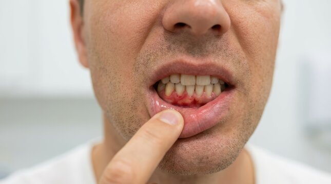 Close up of a man showing inflamed and bleeding gums caused by gingivitis or periodontal disease.