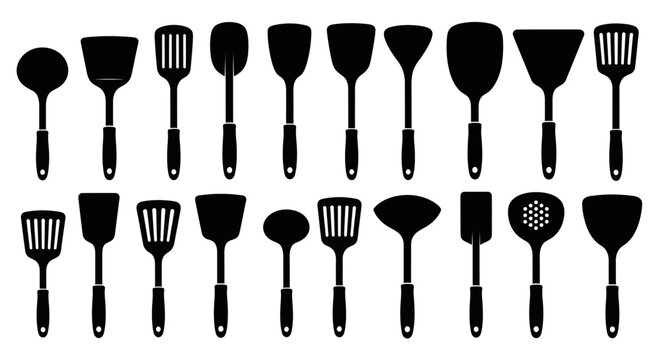 Collection of various black cooking utensils and spatulas