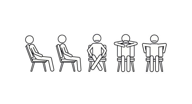 Set of stick figure icons showing different sitting postures and seating positions on chairs.