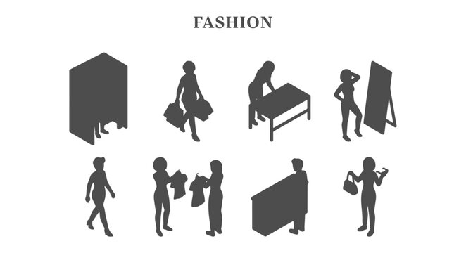 Black Silhouette Fashion Retail Set. People Shopping, Fitting Room Scenes, Clothing Store Figures, and Architectural CAD Entourage Symbols