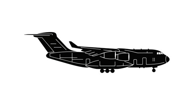 Black silhouette of a cargo airplane on a white background