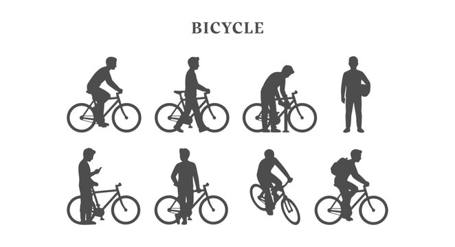 Black Silhouette Bicycle Vector Set People Riding Bikes Cyclists and Architectural CAD Entourage Symbols