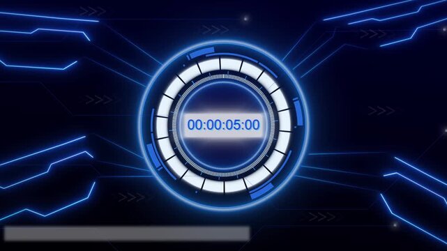 Digital timer animation with blue circuitry interface. Digital timer futuristic countdown display. Digital timer technology processing graphic on black background.