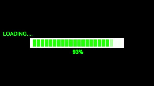 Loading bar animation with green progress indicator. Loading bar fifty four percent display. Loading bar digital interface status graphic on black background.