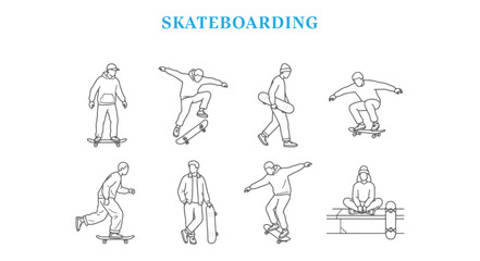 Obraz premium Elevation Skateboarding Vector Set Skateboarders Riding Doing Tricks Active Youth Characters and Architectural CAD Entourage Symbols