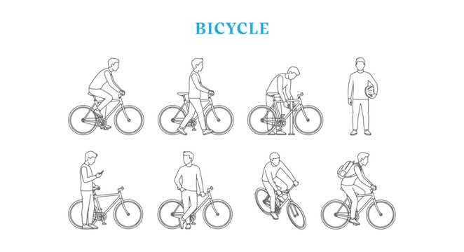 Elevation Bicycle Vector Set People Riding Bikes Cyclists Locking Up Smartphone Standing with Helmet and Architectural CAD Entourage Symbols