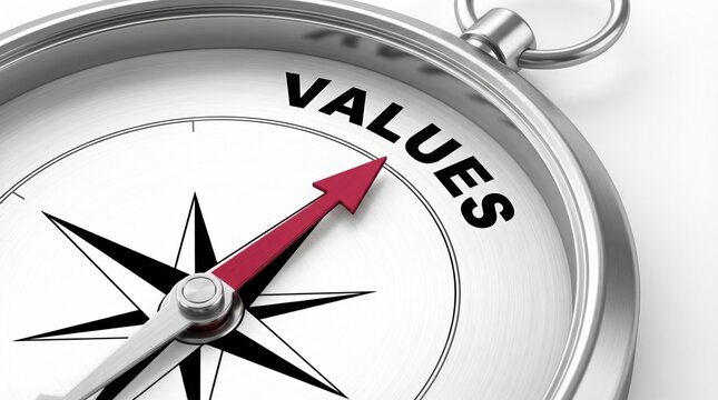 Conceptual silver compass with a red needle pointing toward the word values for business ethics and integrity.