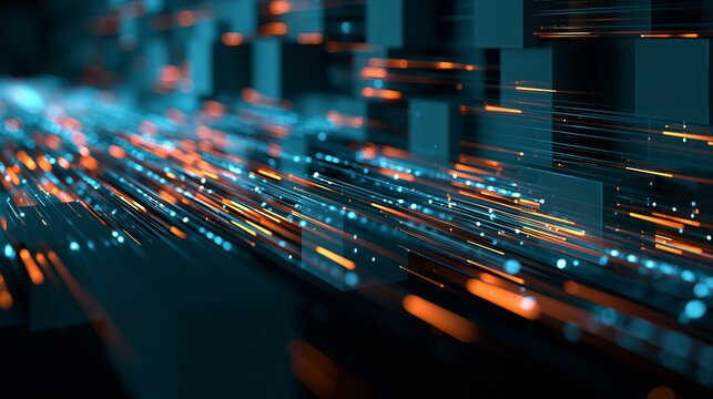 Digital data streams of light and particles travel rapidly along pathways on a dark, futuristic technology background.
