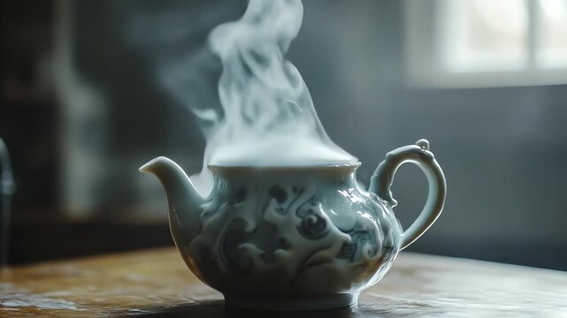 Steaming teapot on wooden surface indoors with vapor rising