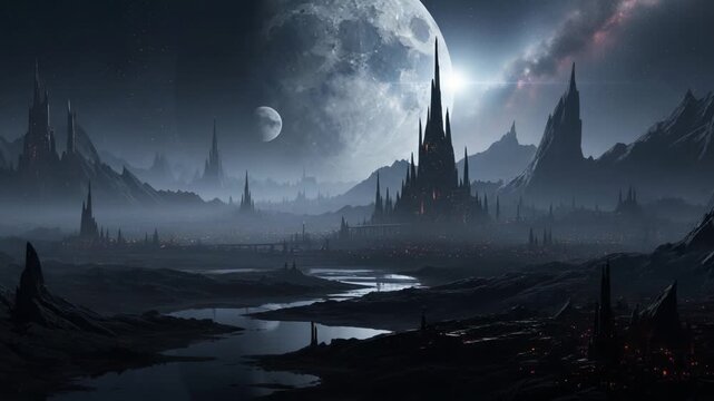 Dark fantasy alien landscape with gothic spires and moons