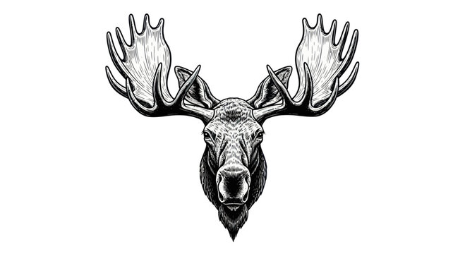 Detailed Moose Head Sketch, Majestic Wildlife Portrait, Black and White