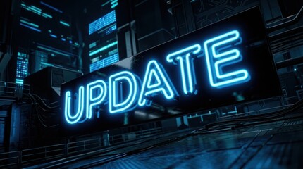 Obraz premium Futuristic neon update sign in a dark high tech server room environment representing software installation and system maintenance.