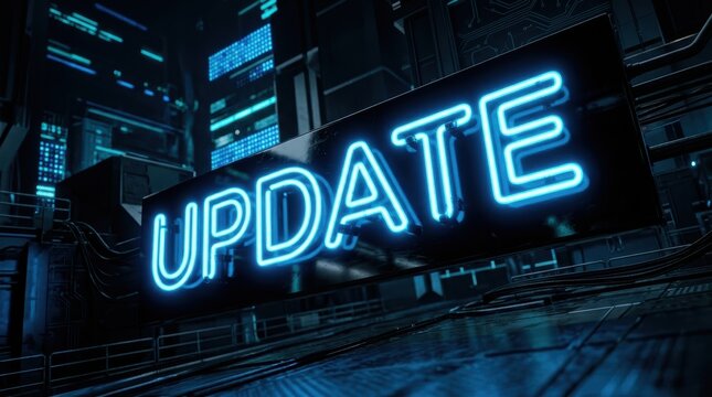 Futuristic neon update sign in a dark high tech server room environment representing software installation and system maintenance.