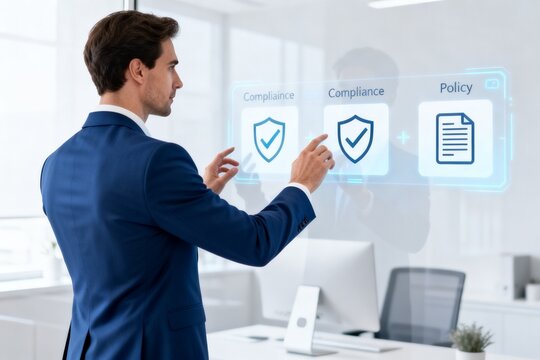 Businessman interacting with digital compliance interface