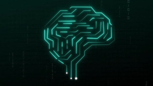 Circuit brain animation with neon green glow. Circuit brain digital artificial intelligence. Circuit brain technology and binary code graphic on black.