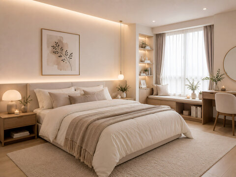A clean and elegant minimalist bedroom with soft neutral colors, modern furniture, cozy textiles, and a calm uncluttered design perfect for relax