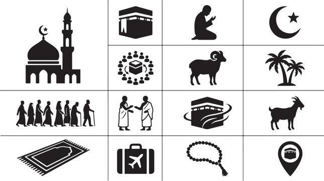 Islamic pilgrimage icons collection featuring kabaa mosque prayer rug and pilgrims for hajj and umrah celebration religious travel theme.
