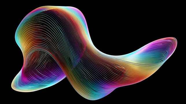 A colorful, twisted abstract shape made of many thin lines forms a vibrant sculpture on black.