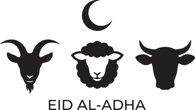 Silhouette goat sheep and cow head with crescent moon symbol for eid al adha celebration graphic icon elements for islamic holiday.