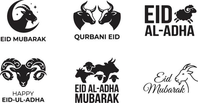 Sacrificial animal logos for eid al adha celebration showing goat sheep and cow heads with typography for traditional islamic holiday.