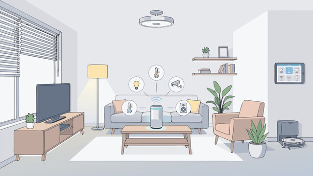 Modern smart home living room interior with voice assistant device on table, automated smart lighting system, stylish flat vector illustration of connected house technology and cozy lifestyle.