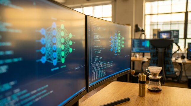 Modern office with dual curved monitors displaying code and AI network