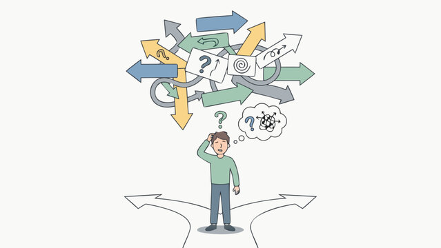 Flat Vector Illustration of a Person Overwhelmed by Numerous Directional Signs Representing Decision Paralysis Uncertainty and the Complexity of Choosing the Right Path in Life and Business Career
