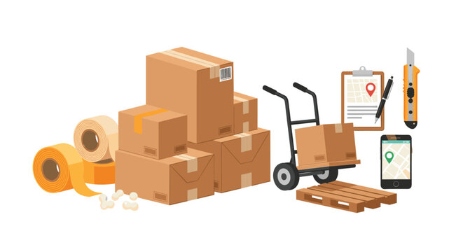 Complete shipping logistics kit featuring stacked cardboard boxes on a pallet jack beside a clipboard, utility blade, and smartphone displaying a navigation map application.