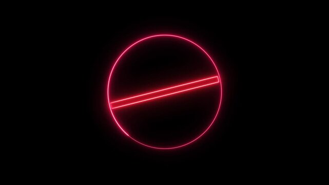 Prohibition symbol animation with red neon glow. Prohibition symbol digital restricted access. Prohibition symbol technology graphic on black background.