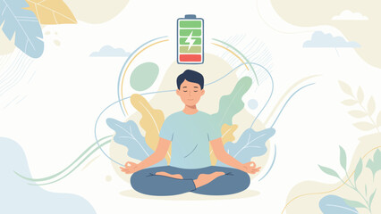 Fototapeta premium Vector Illustration of a Man Meditating in Lotus Pose with a Battery Icon Above His Head Recharging from Low to Full, Burnout Recovery Concept, Mental Health Wellness and Mindfulness Practice