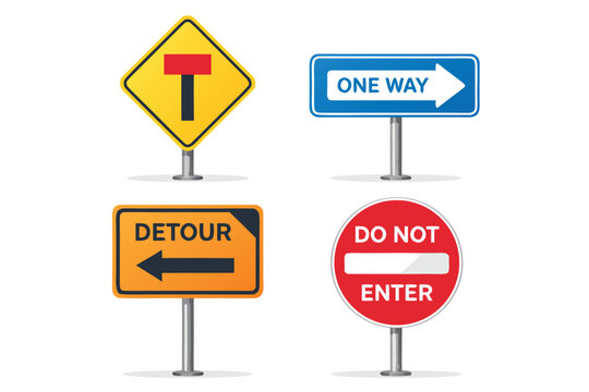 Professional 3D vector illustration set of traffic road signs including dead end one way and detour symbols isolated on white background for urban city street navigation and safety.