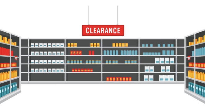 Full retail supermarket shelves featuring colorful product boxes arranged in tidy rows with a bold red clearance sign hanging from the ceiling in a brightly lit modern store.
