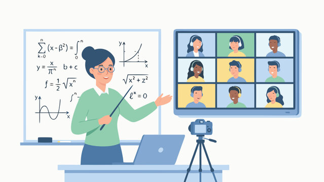 Vector illustration of a female teacher explaining math formulas on a whiteboard to students in a virtual classroom via video conference, featuring a laptop, camera, and digital screen.