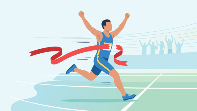 Energetic professional athlete runner crossing the finish line and breaking the tape as a powerful symbol of achievement and sports success in a vibrant flat vector illustration for competition