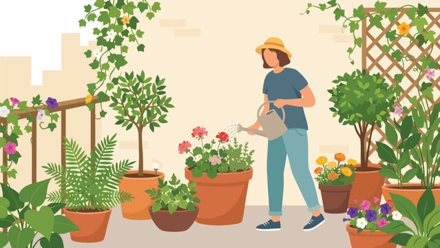 Woman Watering Potted Plants on a Sunny Balcony or Terrace, Urban Gardening Concept with Various Flowers, Small Trees, and Climbing Vines in Terracotta Pots, Flat Vector Illustration for Hobby