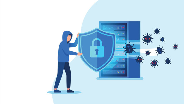 Cyber security professional protecting server data from malware and virus attacks with a digital shield, concept of network safety, firewall protection, and data breach prevention illustration.