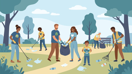 Fototapeta premium Diverse Group of Volunteers Cleaning Up Trash and Litter in a Public Park, Community Service and Environmental Protection Concept with People Picking Up Plastic Waste, Flat Vector Illustration