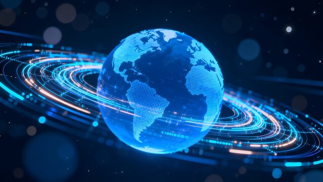 Digital globe with orbiting data rings