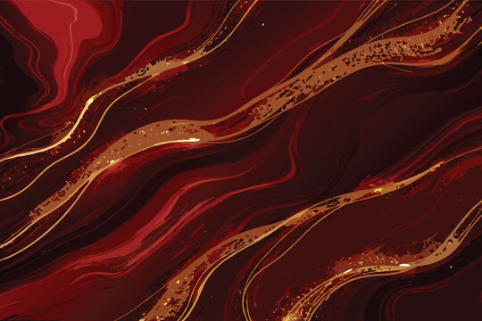 Luxury Red Liquid Marble Background with Elegant Golden Waves for Wedding Invitations Greeting Cards and Premium Branding Designs Featuring Fluid Texture and Sophisticated Metallic Accents Vector