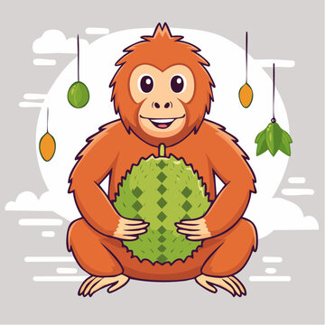 Cute Orangutan Holding a Durian Fruit