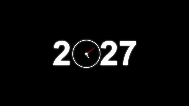 Year 2027 animation with speedometer dial. Year 2027 future time and performance concept. Year 2027 digital technology graphic on black background.