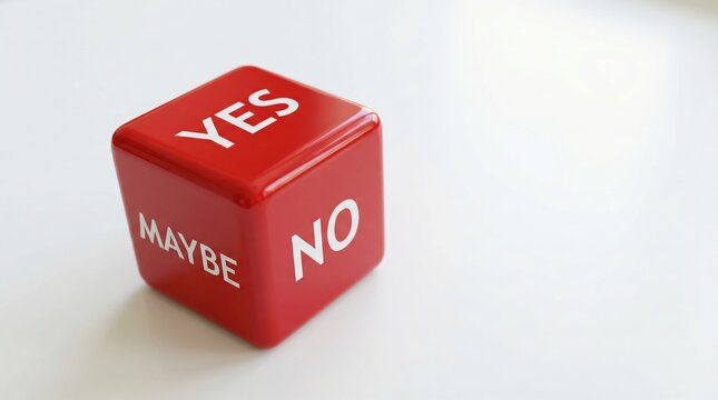 Red decision dice with yes no and maybe options on a white background representing choice and uncertainty.