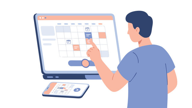 Man booking an online appointment on a laptop calendar interface, person selecting date and time for meeting or medical checkup, digital scheduling concept with smartphone sync, flat vector.