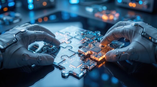 Robot hands assembling a glowing digital puzzle representing artificial intelligence and technological problem solving.